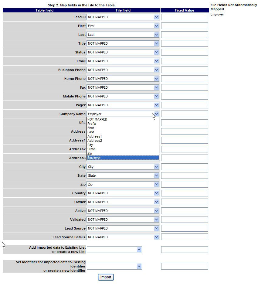 Import Field Mapping